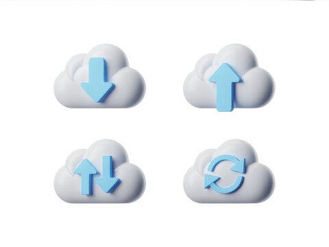 Four cloud icons with different functions including download upload sync and bidirectional transfer