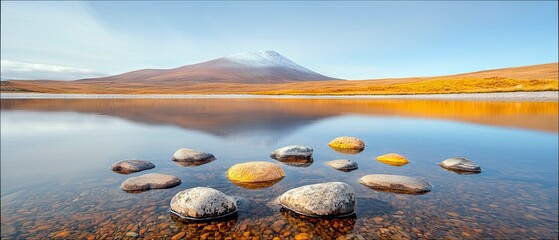 A serene landscape featuring a calm lake with a circle of smooth stones in the foreground. A snow-capped mountain rises in the background, reflected in the wate