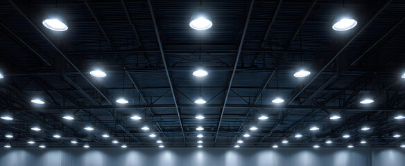 Energy-efficient led lights dance like fireflies brightening a vast commercial ceiling space.