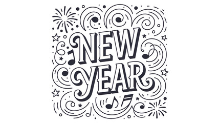 New Year doodle lettering with swirls and musical notes hand-drawn vector illustration for holiday greeting cards and festive designs isolated on white background