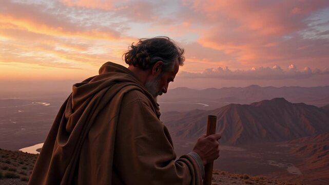 Epic Moses Silhouette at Dawn on Mount Nebo Video: Spiritual Journey Through Shadowed Valleys and Silver Rivers in Cinematic 4k Footage