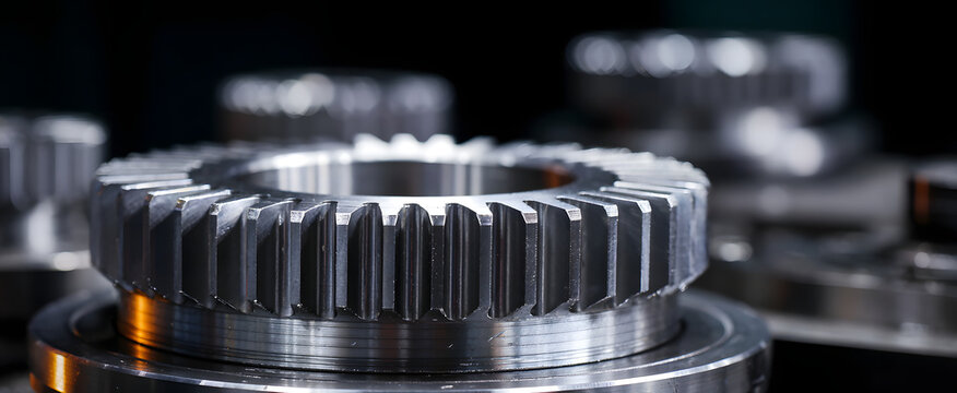 Medium shot showing finely crafted gear teeth inside a state-of-the-art machine shop.