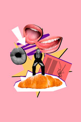 Vertical 3d pop poster banner collage of happy girl dance croissant mouth eat french dessert nutrition carbs diet bakery