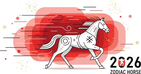 Chinese new year Stylized white horse with a red backdrop  2026 ZODIAC HORSE text on a white background