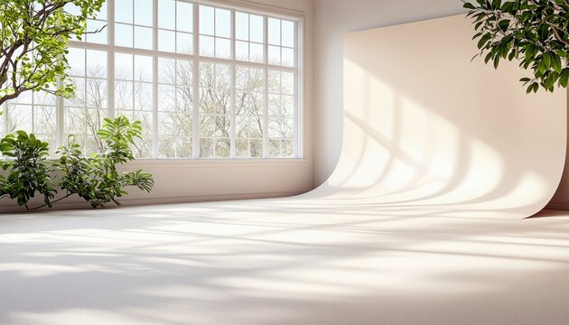 An empty photography studio with a seamless white cyclorama, large windows letting in natural light, and lush green plants.