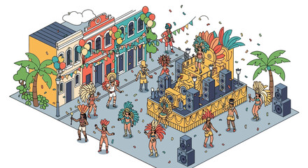 Vibrant isometric illustration of a lively street parade with dancers in costumes, floats, and confetti, celebrating a festive occasion