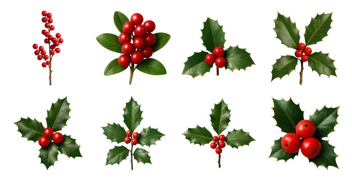 PNG Festive holly leaves berries decoration, transparent background