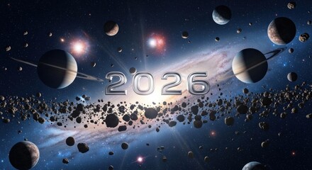 Futuristic cosmic scene with planets, asteroids, and a bright galaxy, year 2026
