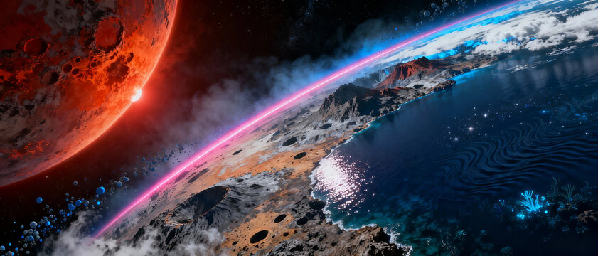 ultra-realistic 4K digital illustration of Proxima Centauri b, the closest known exoplanet to Earth, located just 4.2 light-years away in the Alpha Centauri star system.