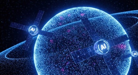 Futuristic depiction of AI satellites orbiting a digital sphere with particle effects, in space