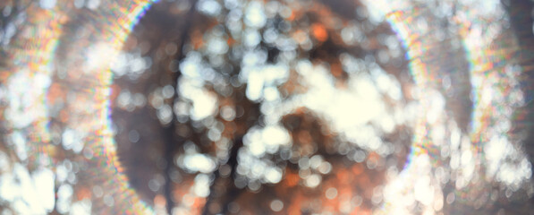 A round sunny frame against the backdrop of an autumn landscape with sun rays in the center