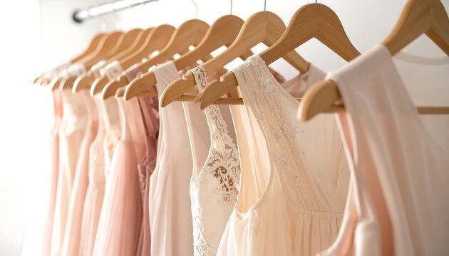Rack of pastel dresses on wooden hangers, softly lit, blurring towards the left, emphasizing formalwear