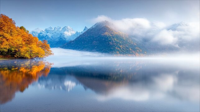 A serene lake reflects autumn trees and misty mountains under a clear sky.