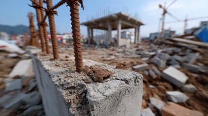 A close-up view of corroded rebar protruding from a concrete block, highlighting the stark contrast of construction against a rugged urban landscape marked by debris and unfinished structures.