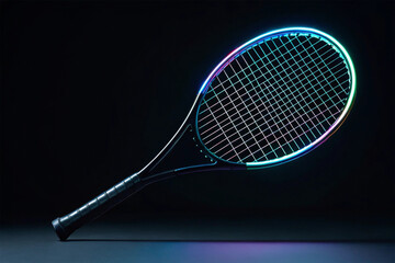 Stylish Neon Tennis Racket Dynamic Illustration with Futuristic Glow on Dark Background