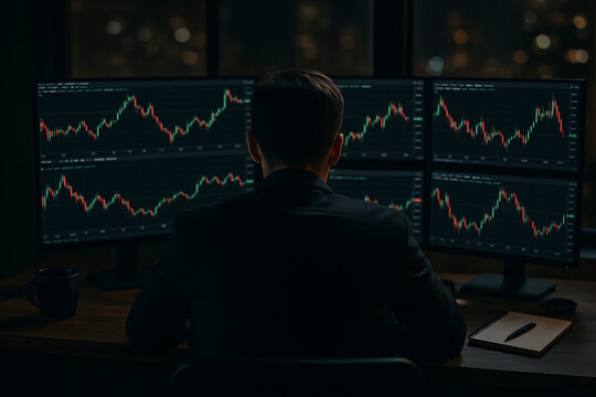 Stock market trader analyzing financial data and cryptocurrency candlestick charts on multiple monitors in a dark office at night for investment