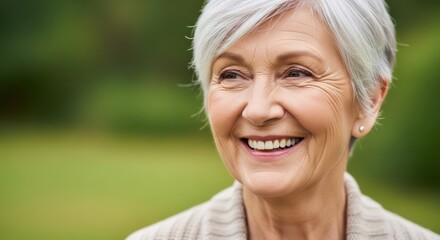 Elderly woman smiling joyfully in a green outdoor setting for International Women's Day  