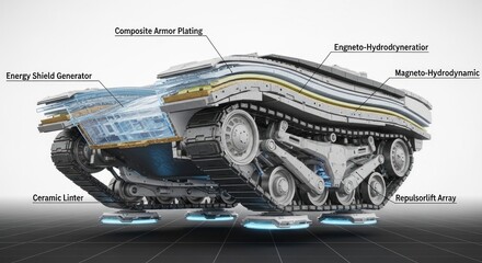 Futuristic tank concept showing layered armor and levitation system