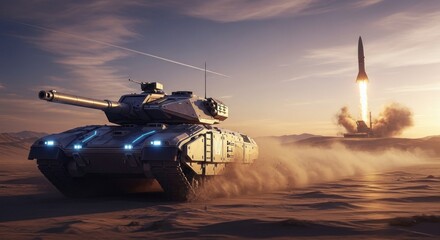 Futuristic tank foreground, rocket launches in desert landscape at sunset