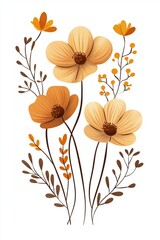 Brown flowers with leaves on white background, floral design, minimal style