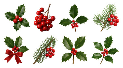 PNG Festive holly and pine decorations, transparent background
