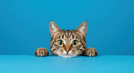 Inquisitive tabby cat peering above blue plane with dilated pupils, embodying frolicsome nosiness