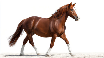 Obraz premium Red horse Walking Isolated on White Background, full gallop horse, horse beautiful Flowing tail, Elegant horse on the White Background.