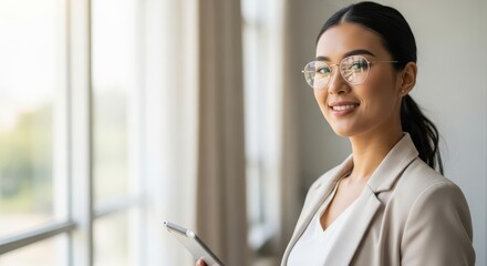 Young Asian businesswoman smiling while holding a tablet by the window - Concept of International Women's Day