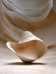 Obraz premium A light-colored, abstract sculpture made of layered wood, with a flowing, organic shape, is displayed in a studio setting with soft, warm lighting and a texture