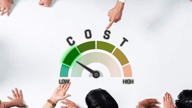A dynamic business team engages in a discussion about cost levels, using a visual meter to analyze pricing strategies and financial implications for their projects. Raster
