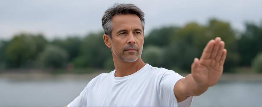 Man performing slow controlled tai chi motions calmly in an outdoor setting - Powered by Adobe