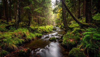 Obraz premium Serene, lush forest scene with a small stream flowing through vibrant green moss and trees, lit by natural light