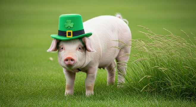 Amusing pig in leprechaun cap on lush turf, embodying St. Patrick's festivities and fortune