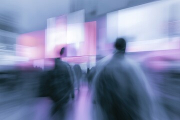 Fototapeta premium Motion blur crowd passing through luminous tech atrium with interactive surfaces