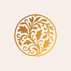 gold elegant classic vintage natural circular leaf tree branch logo isolated drawing line art style design illustration