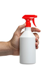 Caucasian man's hand gripping a minimalist white spray bottle with a red trigger isolated on a transparent background. Commercial product presentation concept