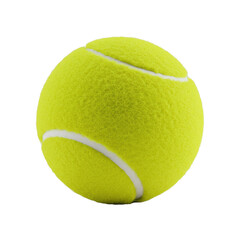A single pristine yellow tennis ball with fuzzy texture and a transparent seam isolated on a transparent background. Concept of sports equipment perfection