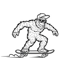Fototapeta premium A whimsical cartoon illustration of a furry bigfoot character wearing sunglasses and a baseball cap confidently riding a skateboard with a trailing motion