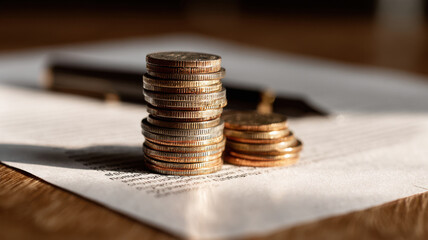 Coins stacked on top of a sheet of paper with a pen. The scene suggests finance, banking and financial planning