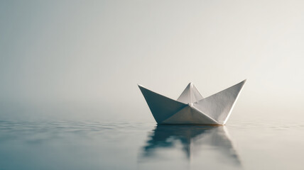 Obraz premium A serene view of a paper boat sailing on calm water with soft lighting, evoking peace and tranquility
