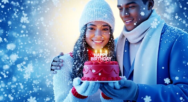 Young couple celebrating winter birthday with cake and snowflakes  