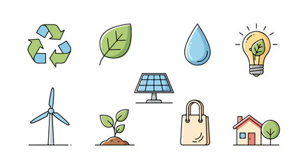 Collection of eco-friendly icons representing renewable energy, sustainability, and green living concepts for environmental awareness