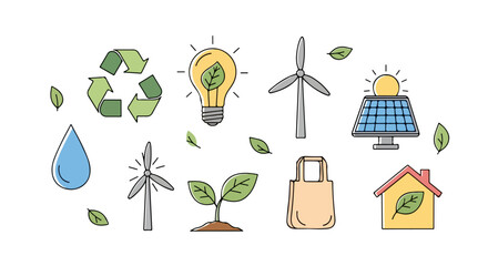 Illustrations of renewable energy sources and recycling symbols symbolizing environmental conservation and sustainable living practices