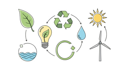Sustainable Energy Cycle Eco-Friendly Icons Depicting Renewable Resources and Environmental Consciousness