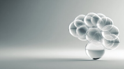 Abstract representation of a brain composed of transparent spheres. The spheres create a three-dimensional form, suggesting the complexities of thought and intellect