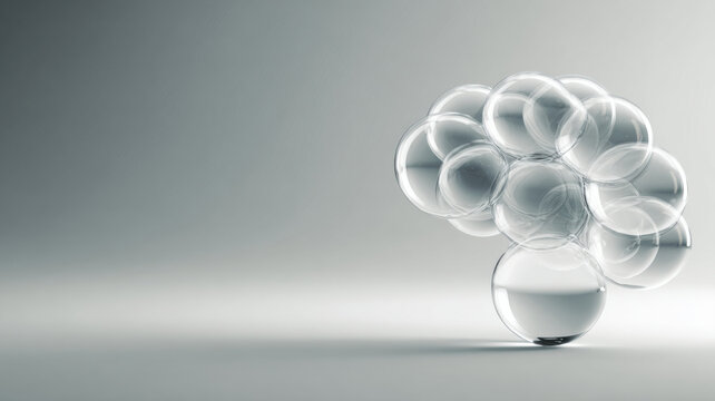 Abstract representation of a brain composed of transparent spheres. The spheres create a three-dimensional form, suggesting the complexities of thought and intellect