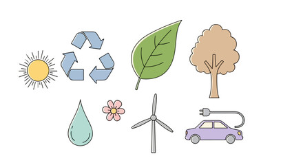 A collection of hand-drawn doodle icons representing environmental conservation, renewable energy, and sustainable living concepts for eco-friendly design