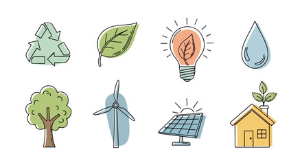 Hand-drawn collection of eco-friendly icons representing sustainability, renewable energy, and environmental conservation concepts
