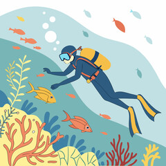 Colorful illustration of a scuba diver swimming among coral reefs and fish in the ocean diving underwater