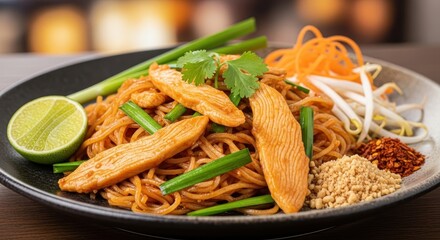 Exquisite plate featuring delicious pad thai, a captivating portrayal of authentic Thai cuisine